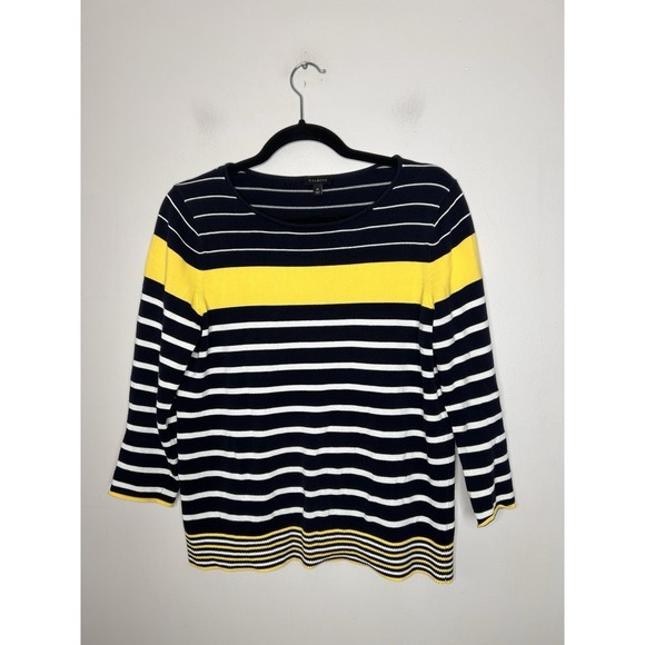 Talbots Sweaters - Talbots Navy Blue Yellow And White Striped 3/4 Sleeve Sweater Size Medium